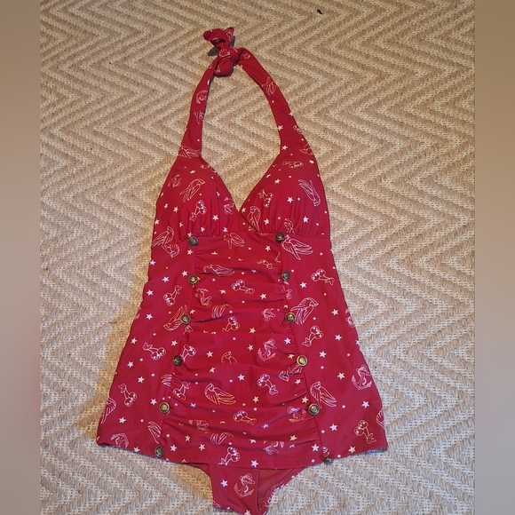 Hot Topic Skull RETRO RED 1PC SWIM SUIT SWIMSUIT SM Anchor Swallows Cherries - Picture 2 of 9